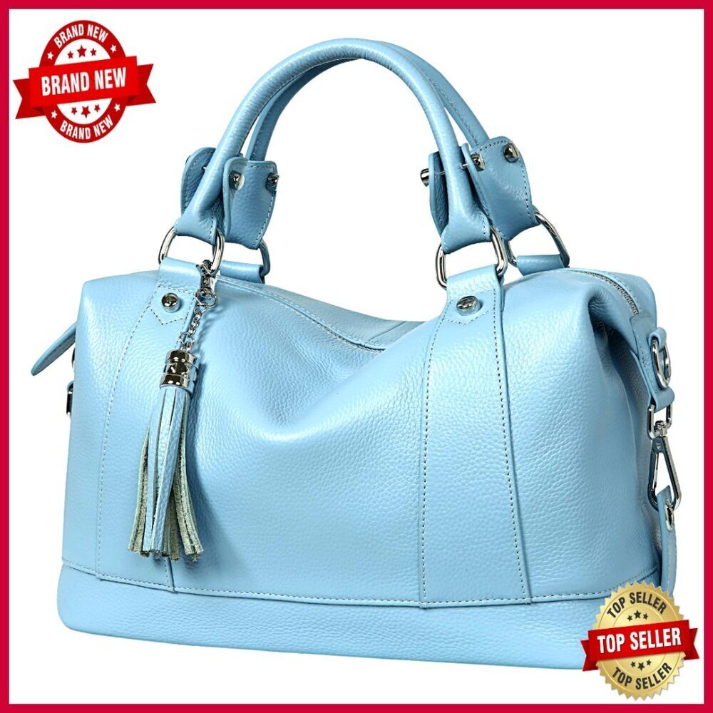 Genuine Leather Satchel Tote Bag with Crossbody Strap and Fringe Detail